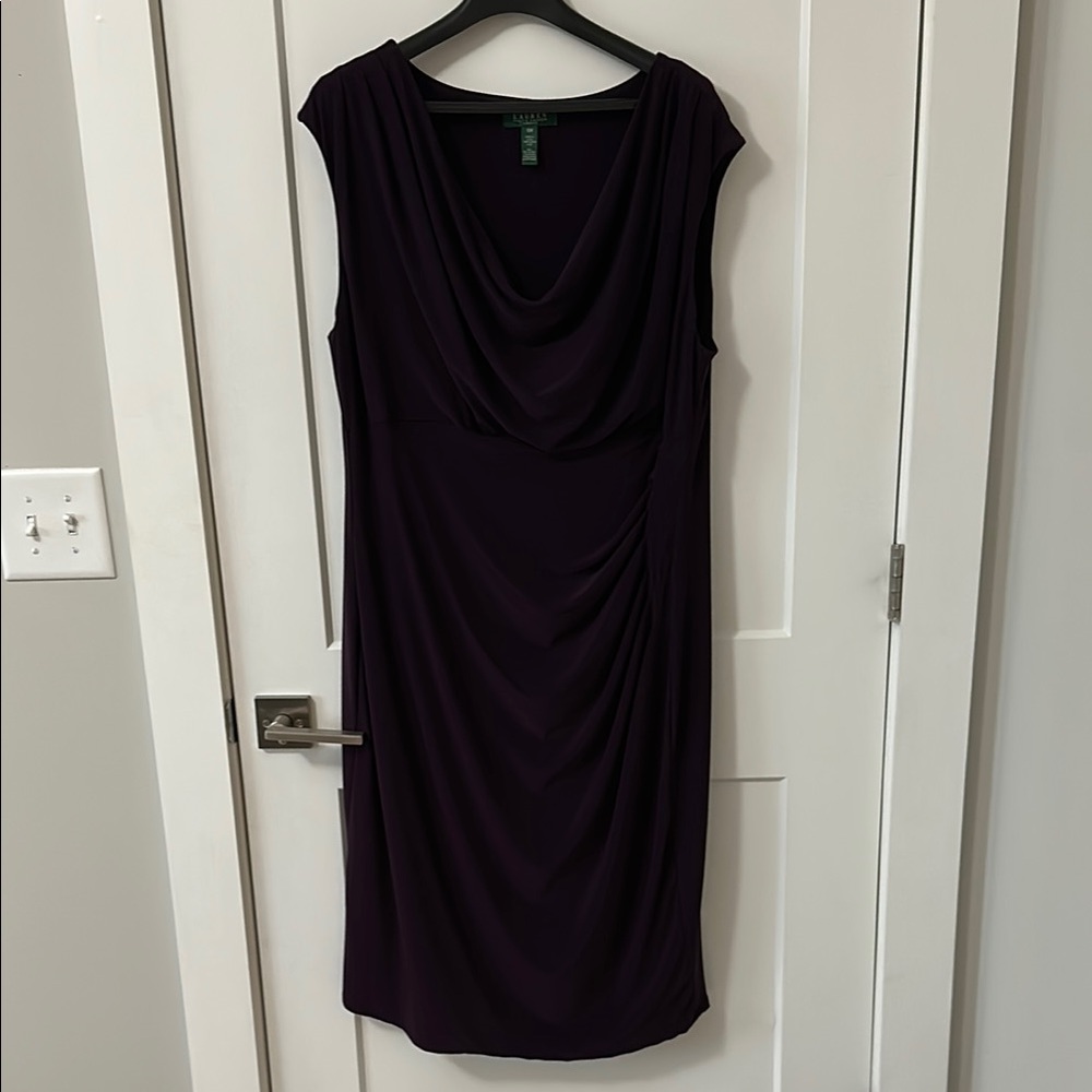 Ralph Lauren Purple Sheath Midi Dress with Cowl Neck and draped skirt